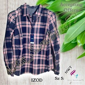 IZOD NEW - Sz S - navy blush pink plaid lightweight button down shirt